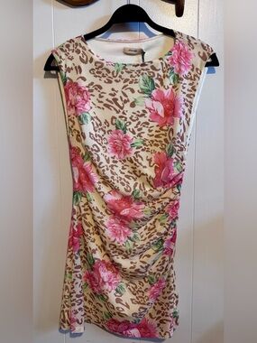 Ownley Sleeveless Pink Floral & Leopard-Print Mini Dress in Cream